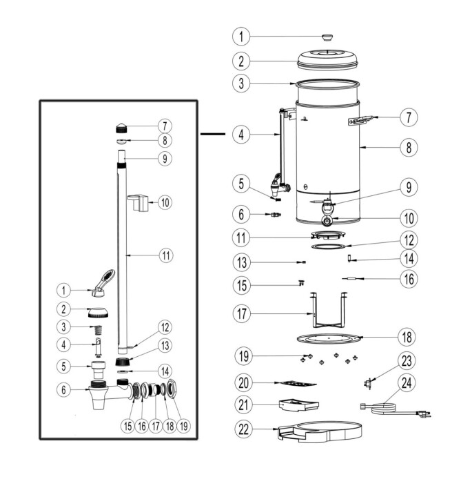 Horeca Parts - Distribuitor de băuturi cu perete dublu Hendi 18L 230V/2200W, 386x393x(H)641mm