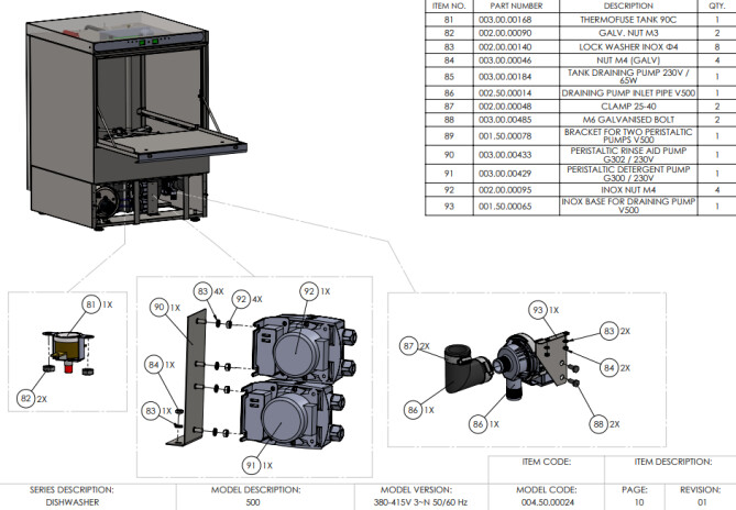 Horeca Parts - 50x50 electronic dishwasher with detergent dispenser and drain pump Hendi 231753 (A500-400)