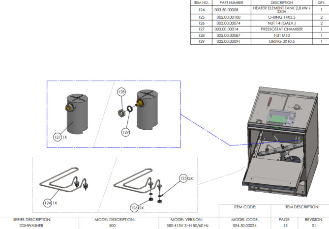 Horeca Parts - 50x50 electronic dishwasher with detergent dispenser and drain pump Hendi 231753 (A500-400)