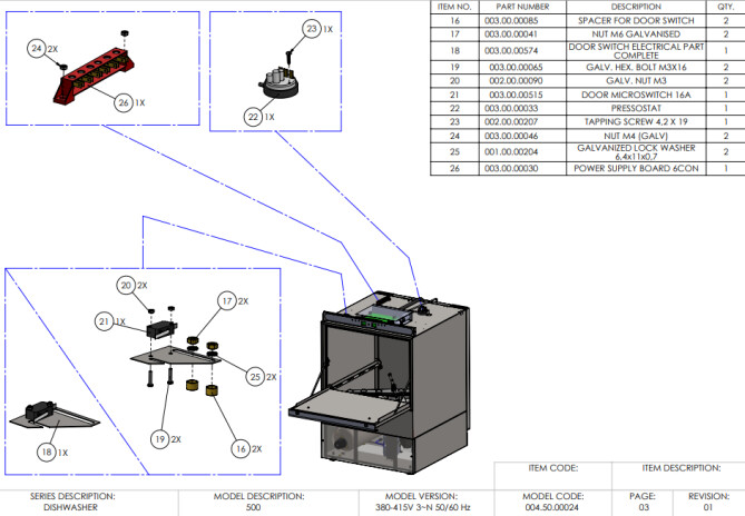 Horeca Parts - 50x50 electronic dishwasher with detergent dispenser and drain pump Hendi 231753 (A500-400)