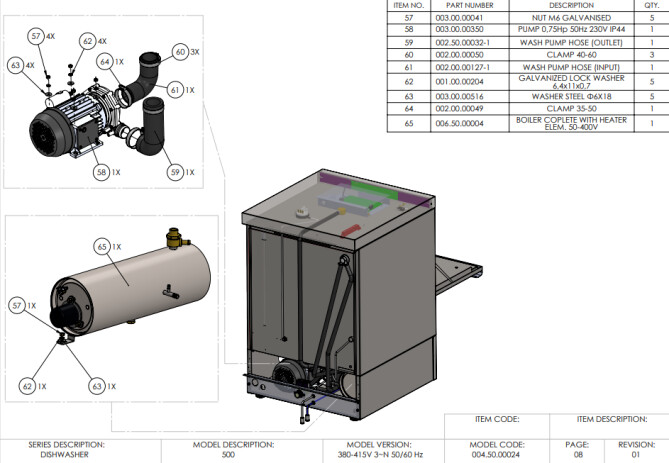 Horeca Parts - 50x50 electronic dishwasher with detergent dispenser and drain pump Hendi 231753 (A500-400)