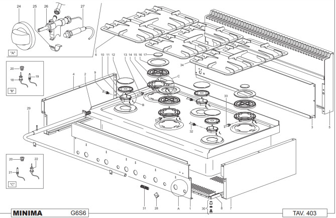 Horeca Parts - Gasherd MBM, Auftischgerät M600 - G6S6