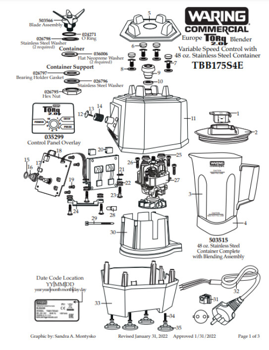 Horeca Parts - Blender Waring Commercial TBB175S4E