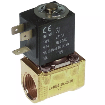 Horeca Parts - Brass 2-way solenoid valve, 24VAC, input 1/2“, output 1/2”, connection 1/2", length 41 mm, DN10 - SIRAI