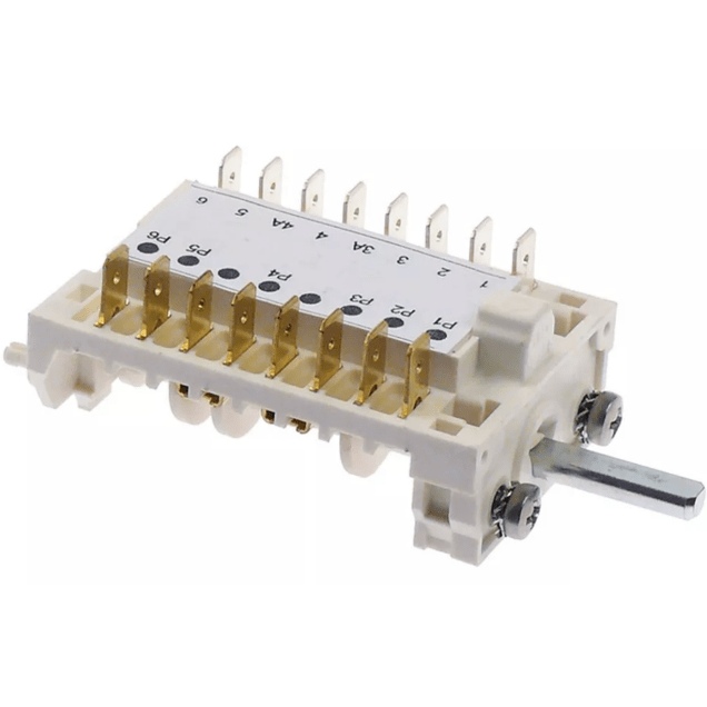Horeca Parts - Przełącznik krzywkowy 5 pozycyjny sekwencja 1-0-2-3-4 16A 8NO 6x4,6mm dł. mocowania 23mm podł. męskie 6,3mm plastik